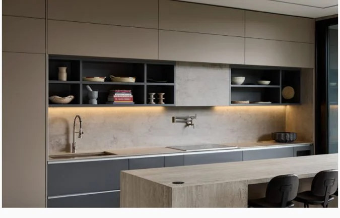 Cocina de concepto abierto en tonos cálidos